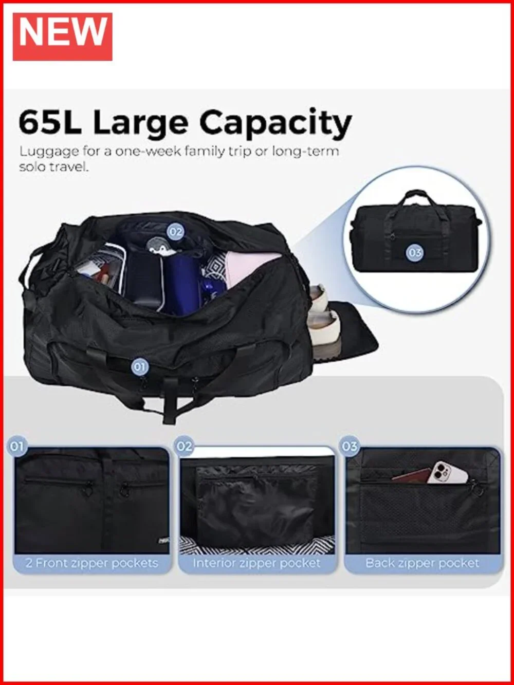 65L Foldable Travel Duffel Bag with Shoe Compartment, Water Repellent